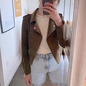 Zara Cropped Moto Jacket in Brown Suede
